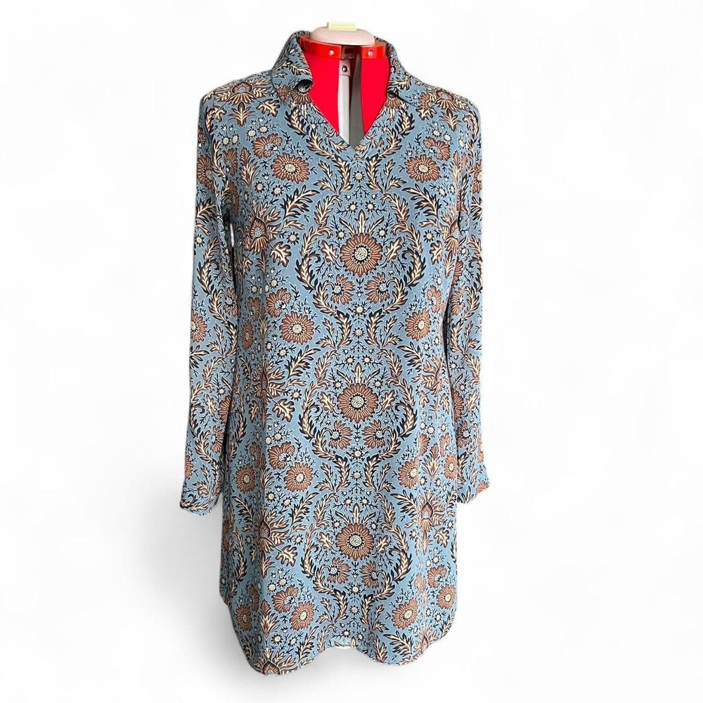 Cabi Light Blue & Brown Floral Paisley Print Boho Dress With V Neck & Collar